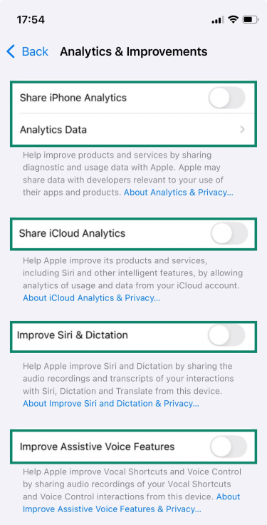 The Analytics & Improvements page of an iPhone, showing various options to disable analytics collection.