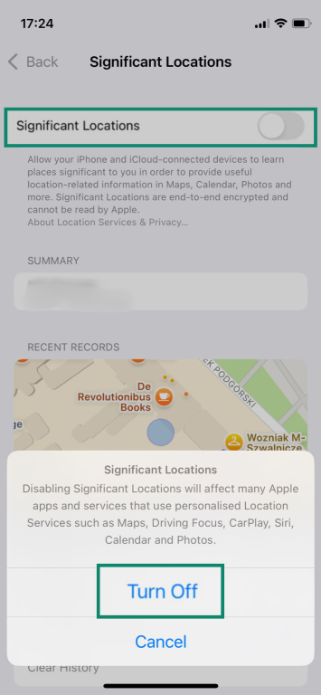 The Significant Locations page of an iPhone, with the Turn Off button highlighted.