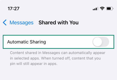 The Shared with You settings page, with the Automatic Sharing switch in the Off position.