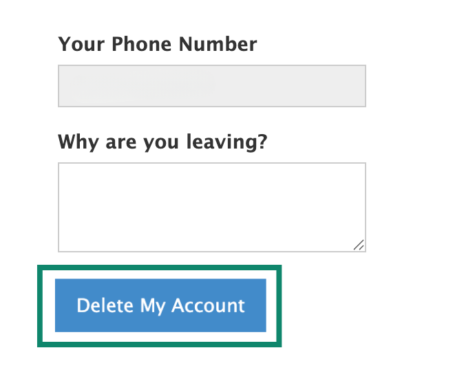 The Telegram "Why are you leaving?" box and the "Delete My Account" button.