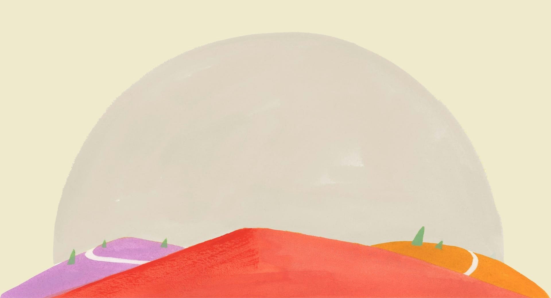 איור ExpressVPN של שבילים צבעוניים המובילים מעל גבעה, המסמלים חיבורי אינטרנט בטוחים, מהירים וגלובליים.